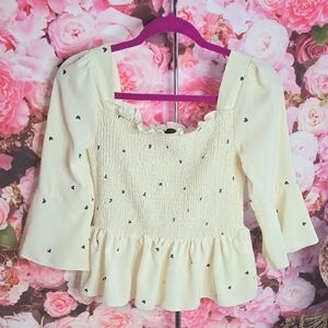 HESPERUS Cream Smocked Top with black Heart Details, bell sleeves, size Medium